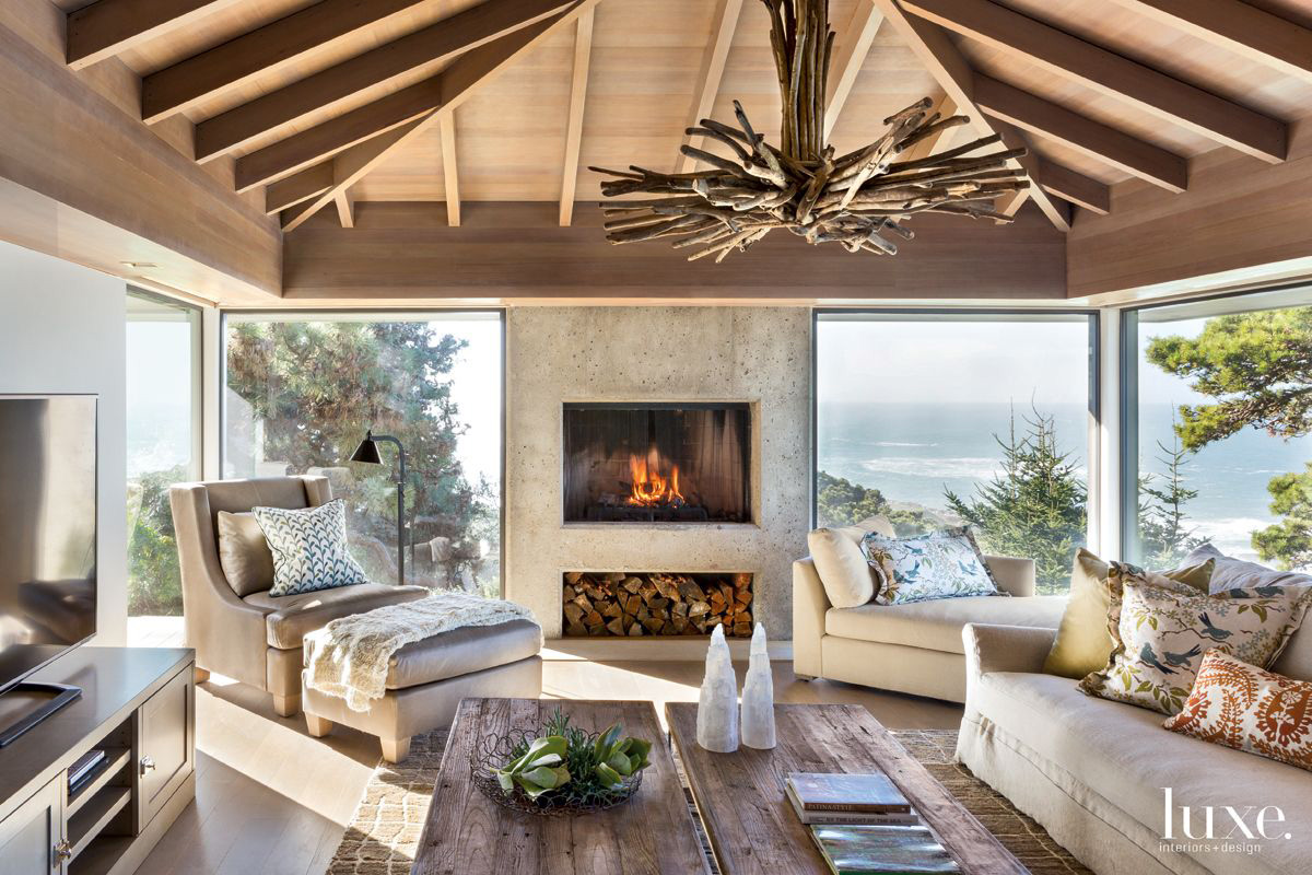 Contemporary Neutral Great Room with Concrete Fireplace