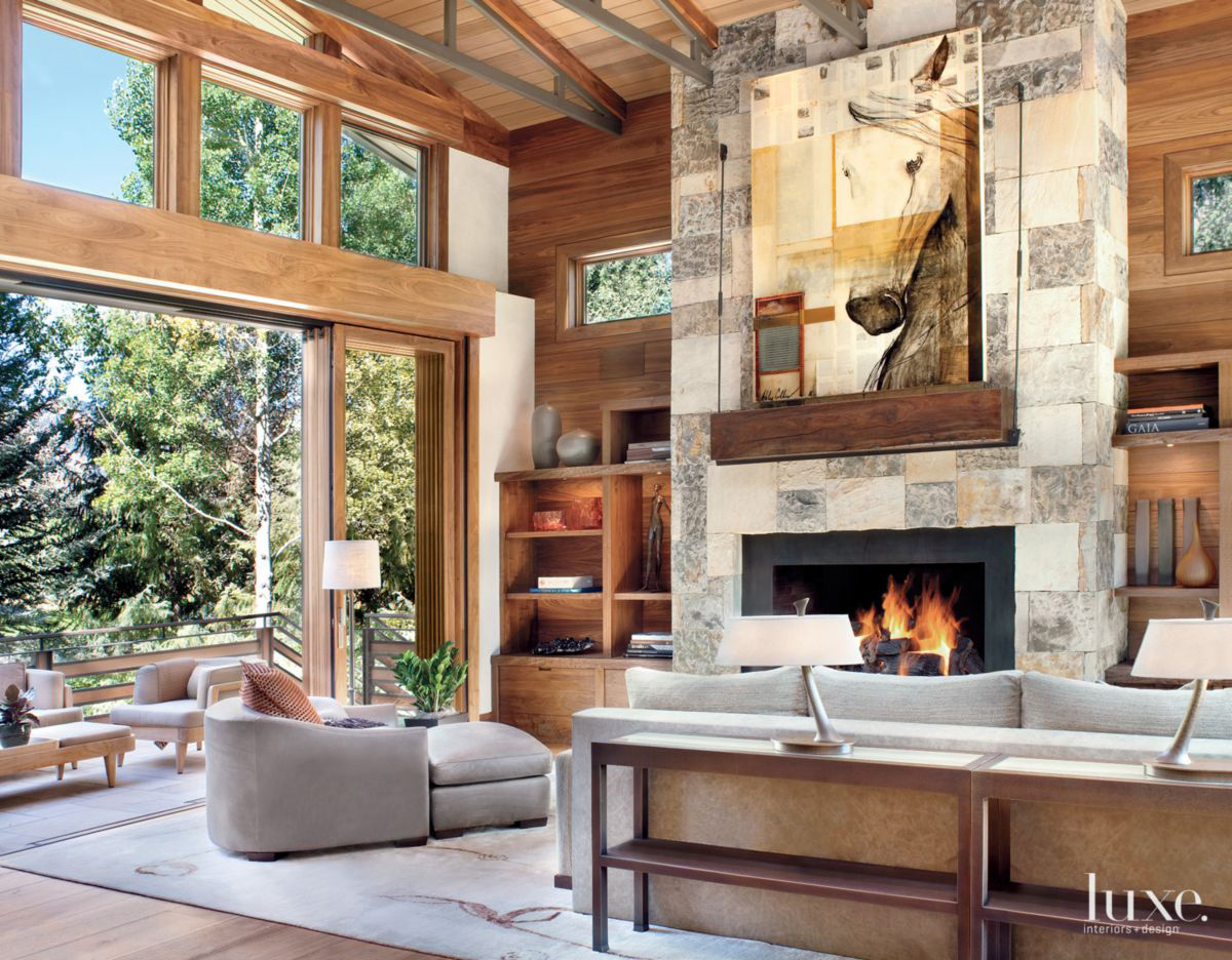 Neutral Mountain Living Room with Walnut Built-Ins