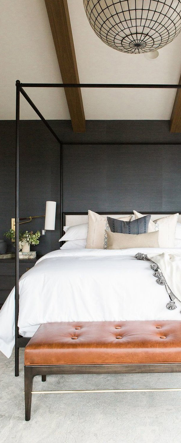 Master Bedroom with Grass Wallpaper, Statement Chandelier & Leather Bench | Studio McGee Design