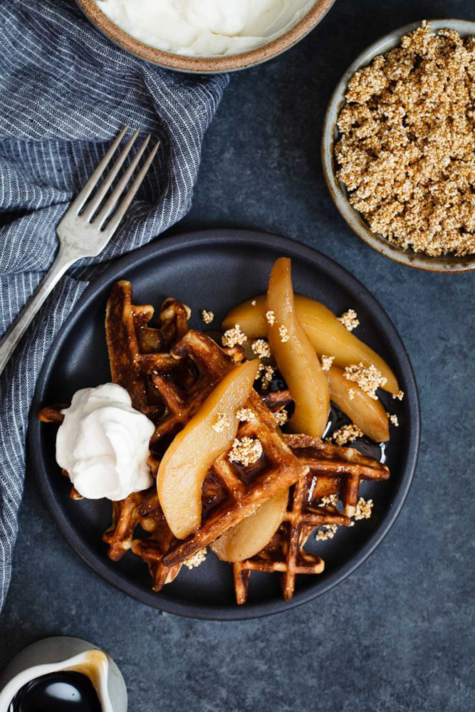 Amaranth Waffles with Chai Poached Pears